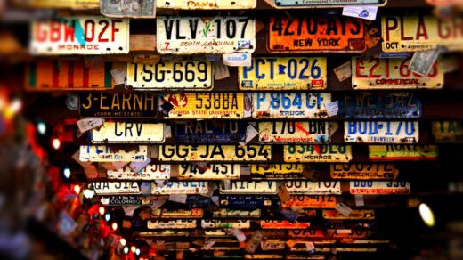 license plates, ceiling, bar